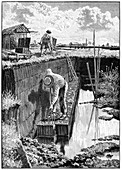 Workers excavating peat,artwork