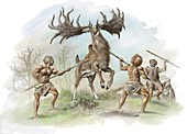 Neanderthals hunting Irish elk,artwork