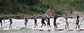 Surfers on the Garonne tidal bore