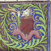 King playing a pipe,15th century artwork