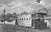 Early electric tram in Berlin,1880s