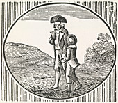 A woodcut of a man and boy walking togeth