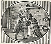 A woodcut of a man and a woman embracing,