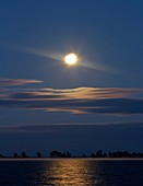 Partial lunar eclipse over coastal lagoon