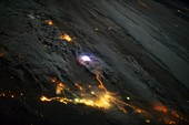Lightning and city lights,ISS image