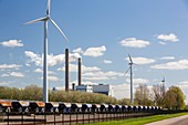 coal fired power station and wind turbine