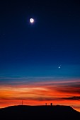 Moon in a twilight sky with Venus and Mar