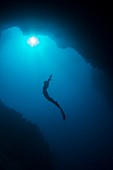 Free diver in mouth of cave