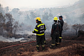Firefighters in smouldering scrubland