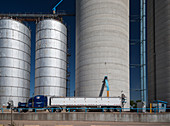 Grain truck being filled at a silo