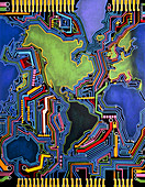 Artwork of the continents on a circuit board