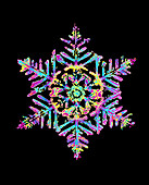 Coloured computer-enhanced image of a snowflake