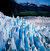 View of a glacier advancing into a green valley