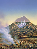 Artwork of Bezymianny volcano before & after 1956