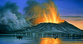 Artwork of eruption of Heimaey,Iceland,1973