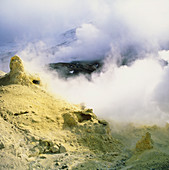 Sulphur deposits on Mutnovsky volcano crater floor