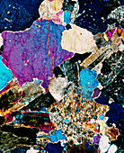 Polarised LM of a thin section of pegmatite rock