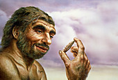 Neanderthal man holding stone tool
