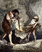 Early humans making fire