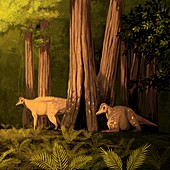 Corythosaurus in trees,artwork