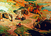 Painting of stone age scene with mammoth bone huts