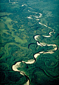 Aerial view of river meanders and ox-bow lake