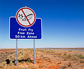 Fruit fly free zone road sign,Australia