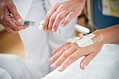 Nurse preparing a patient for an IV line