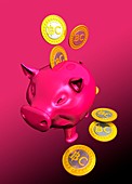 Piggy bank and bitcoins,artwork