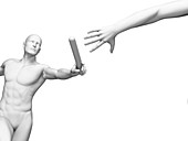 Person passing relay baton,artwork