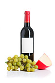 Bottle of wine,cheese and grapes