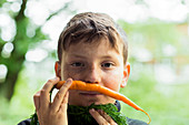 Boy holding a carrot on top lip