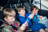 Three brothers in car with digital device