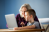 Boy using laptop with grandmother