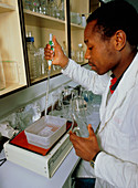 Scientist using an automatic pipette