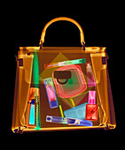 Coloured X-ray of woman's handbag showing