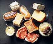 Mixture of fatty foods,(cakes,cheese,meat)