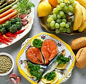 Healthy food; fish,fruit,vegetables and bread