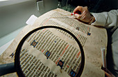 Researcher tests for mould on medieval manuscript