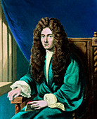 Coloured portrait of British chemist Robert Boyle