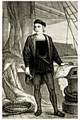 Engraving of Christopher Columbus aboard a ship