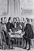 William Harvey lecturing on blood circulation