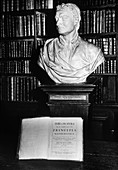 Bust of Isaac Newton with his copy of 'Principia'
