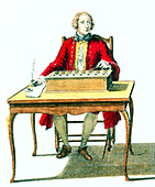 Portrait of Blaise Pascal with his calculator