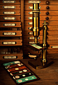 Historical optical microscope and slides