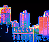 Thermogram showing heat loss from city buildings