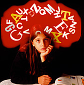 Abstract image of a dyslexic child with a book