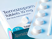 Temazepam sleeping tablet and packaging
