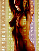 Nude woman with tape measures superimposed on body