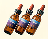 Bottles of myrrh,tea tree & thyme essential oils